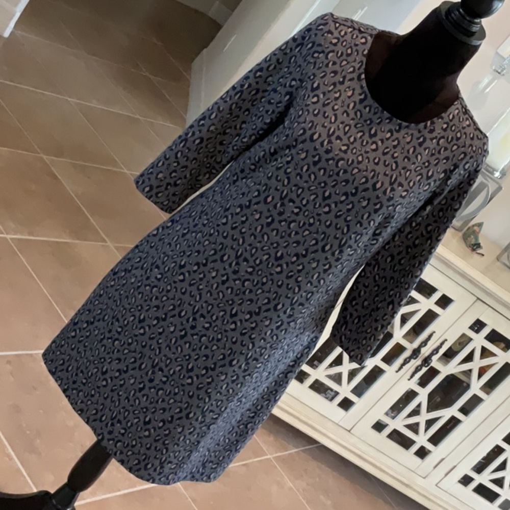 Nicole Miller animal print dress, side pockets, gray/black/tan, size medium